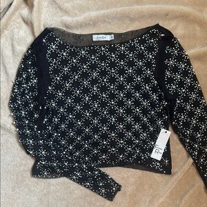 Black Beaded Long Sleeve Mesh Top